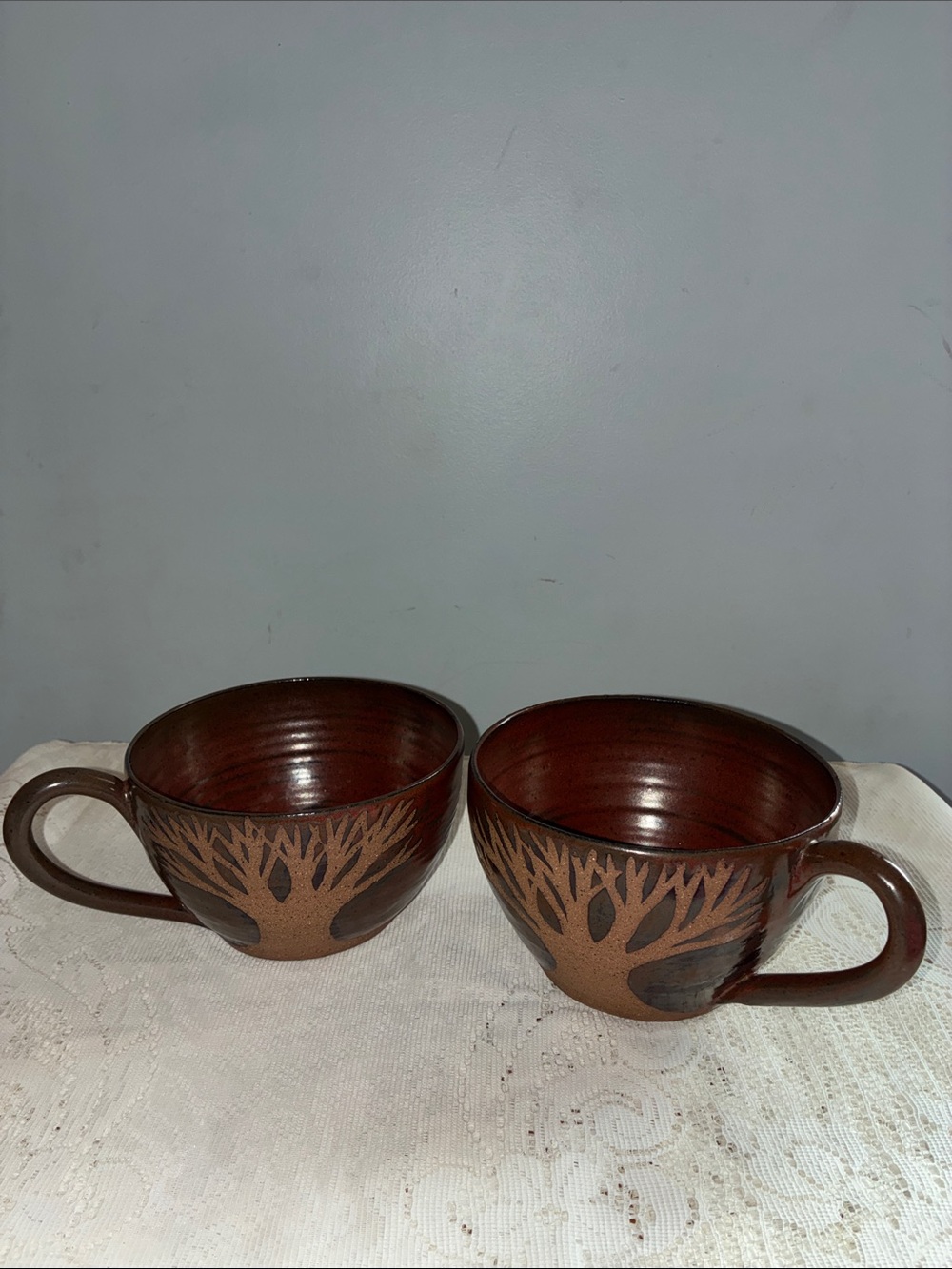 On The Cusp Pottery. Handcrafted Brown Tree Motif Ceramic Coffee Mugs - Set of 2